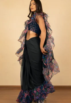 Pre Stitched Georgette Saree in Black