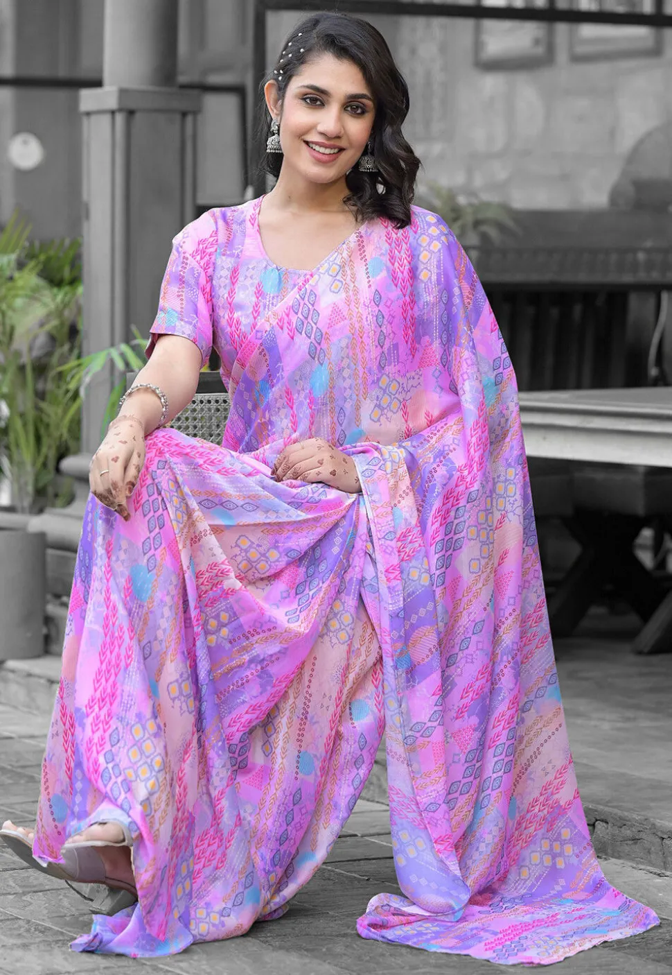 Pre Stitched Georgette Saree in Purple