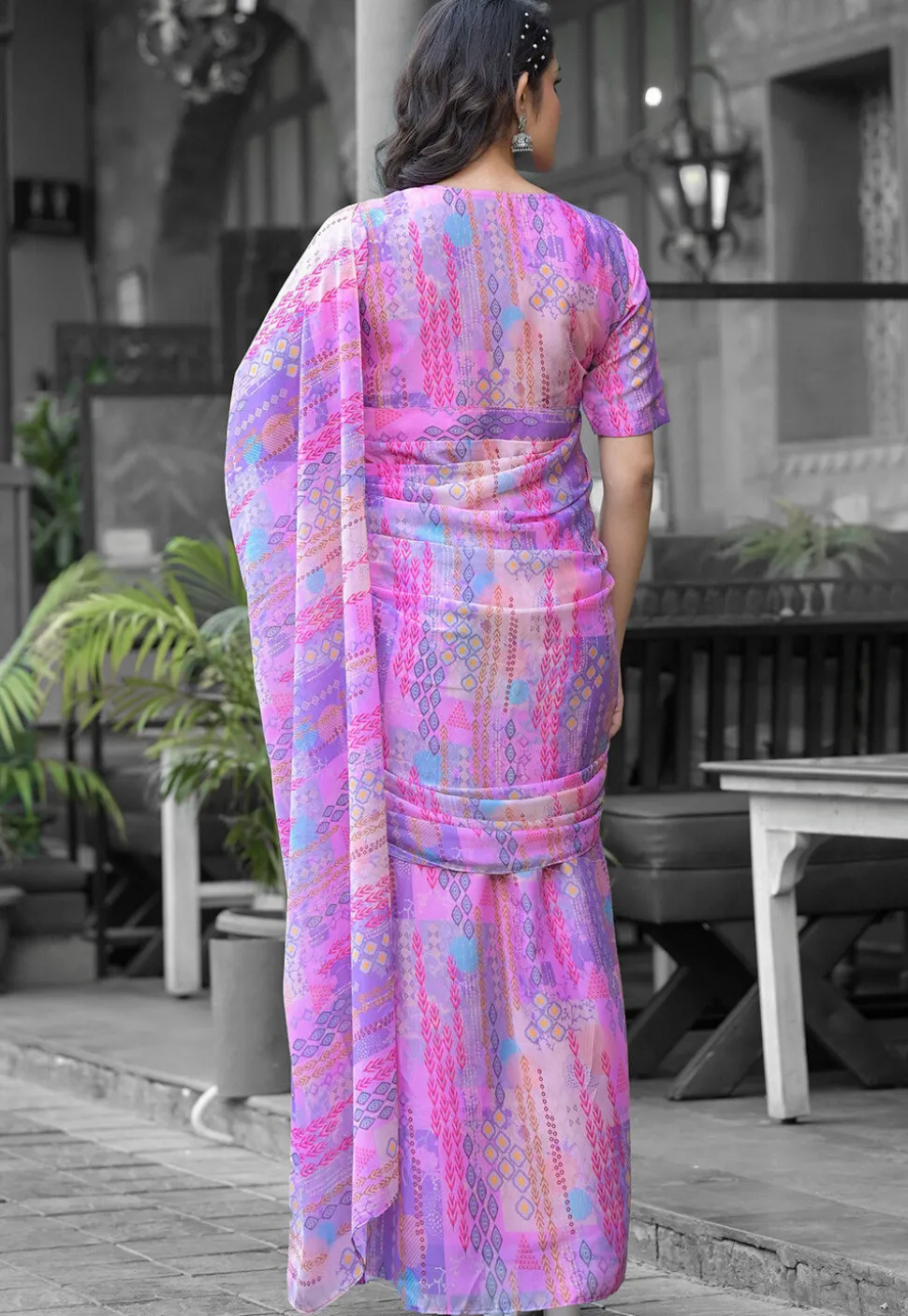 Pre Stitched Georgette Saree in Purple
