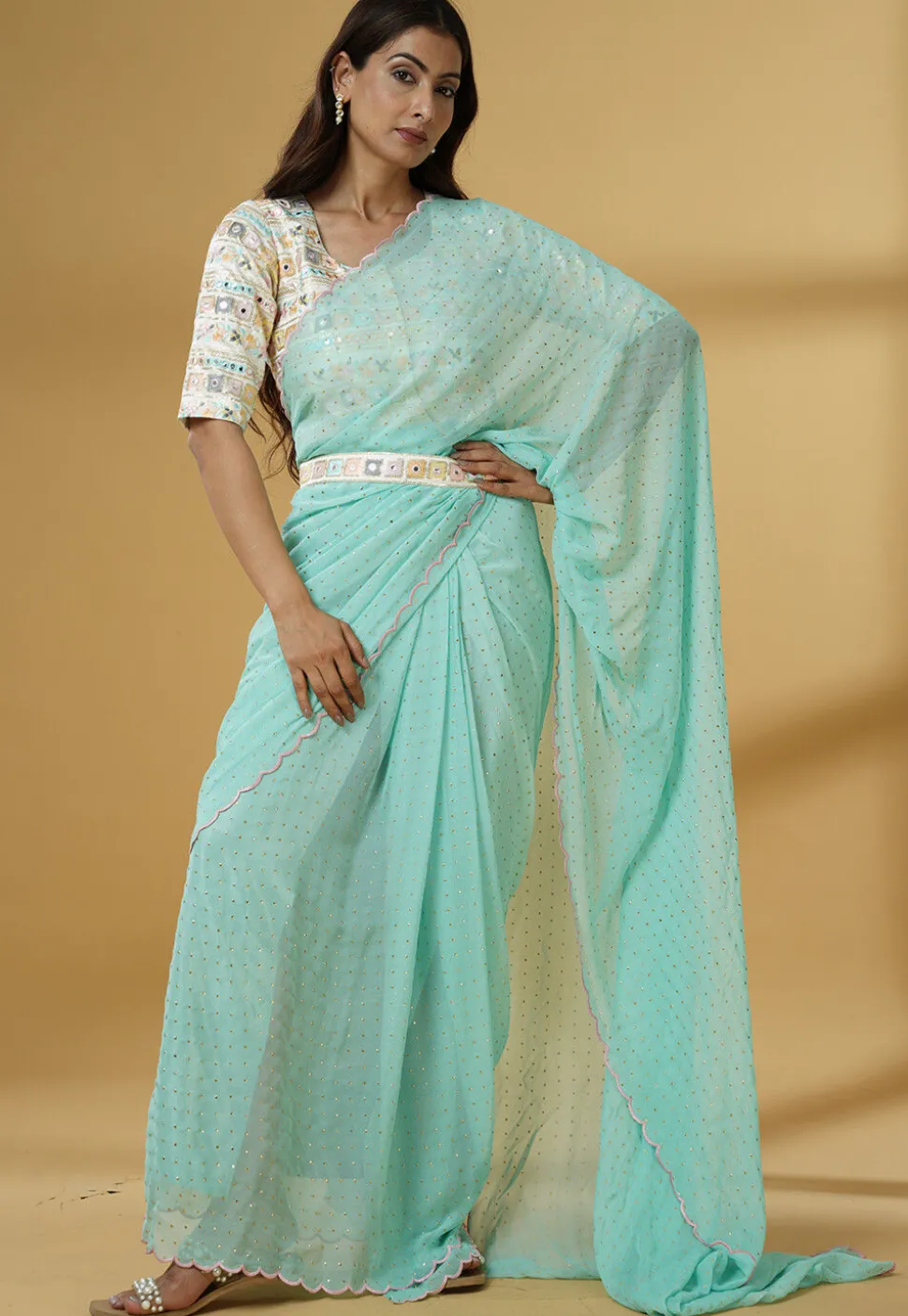 Pre Stitched Georgette Saree in Sky Blue