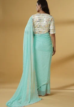 Pre Stitched Georgette Saree in Sky Blue