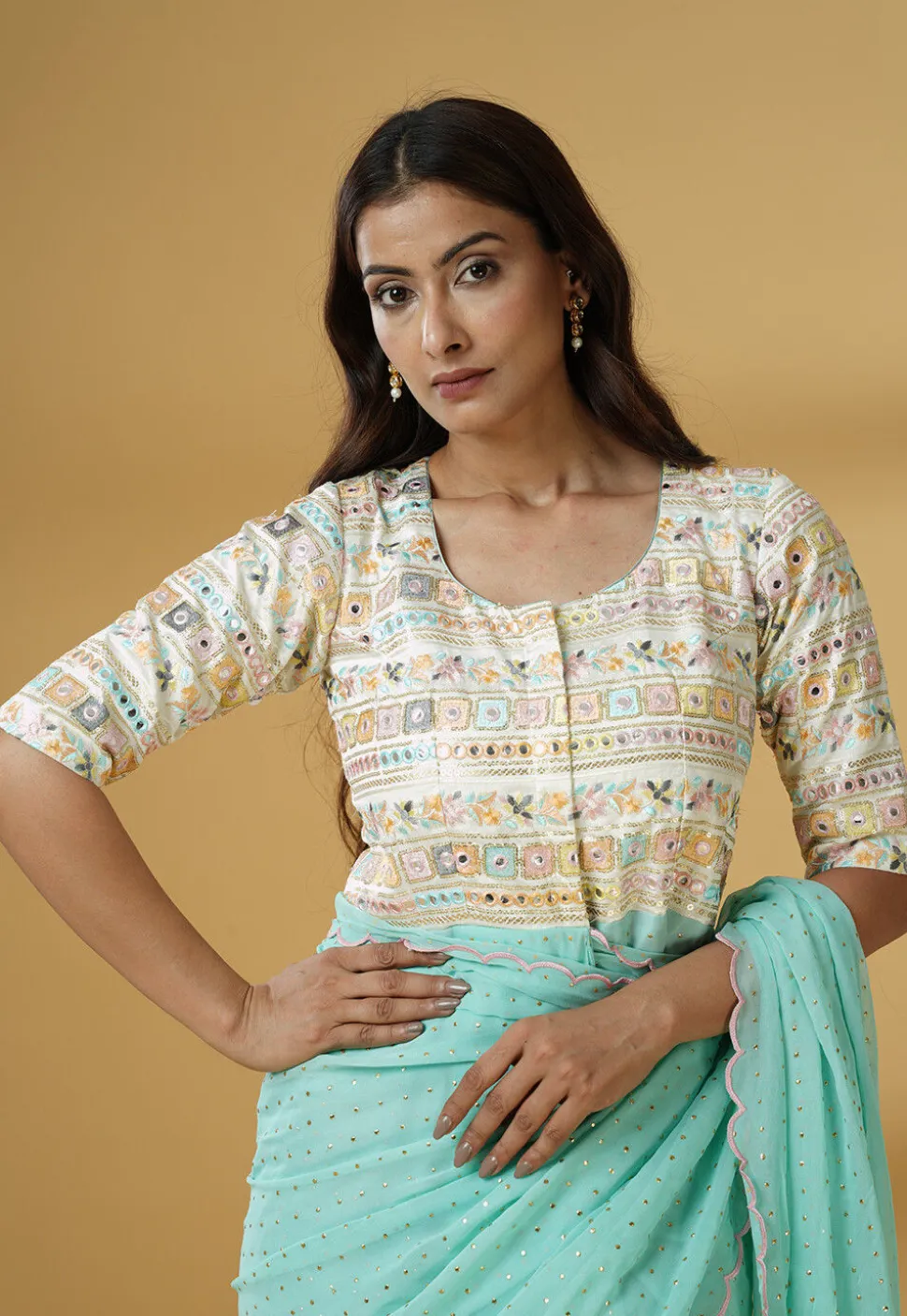 Pre Stitched Georgette Saree in Sky Blue