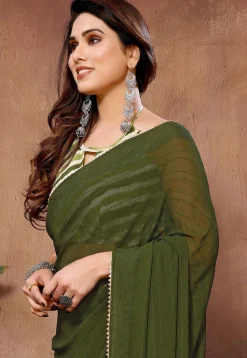 Pre Stitched Georgette Saree in Dark Green
