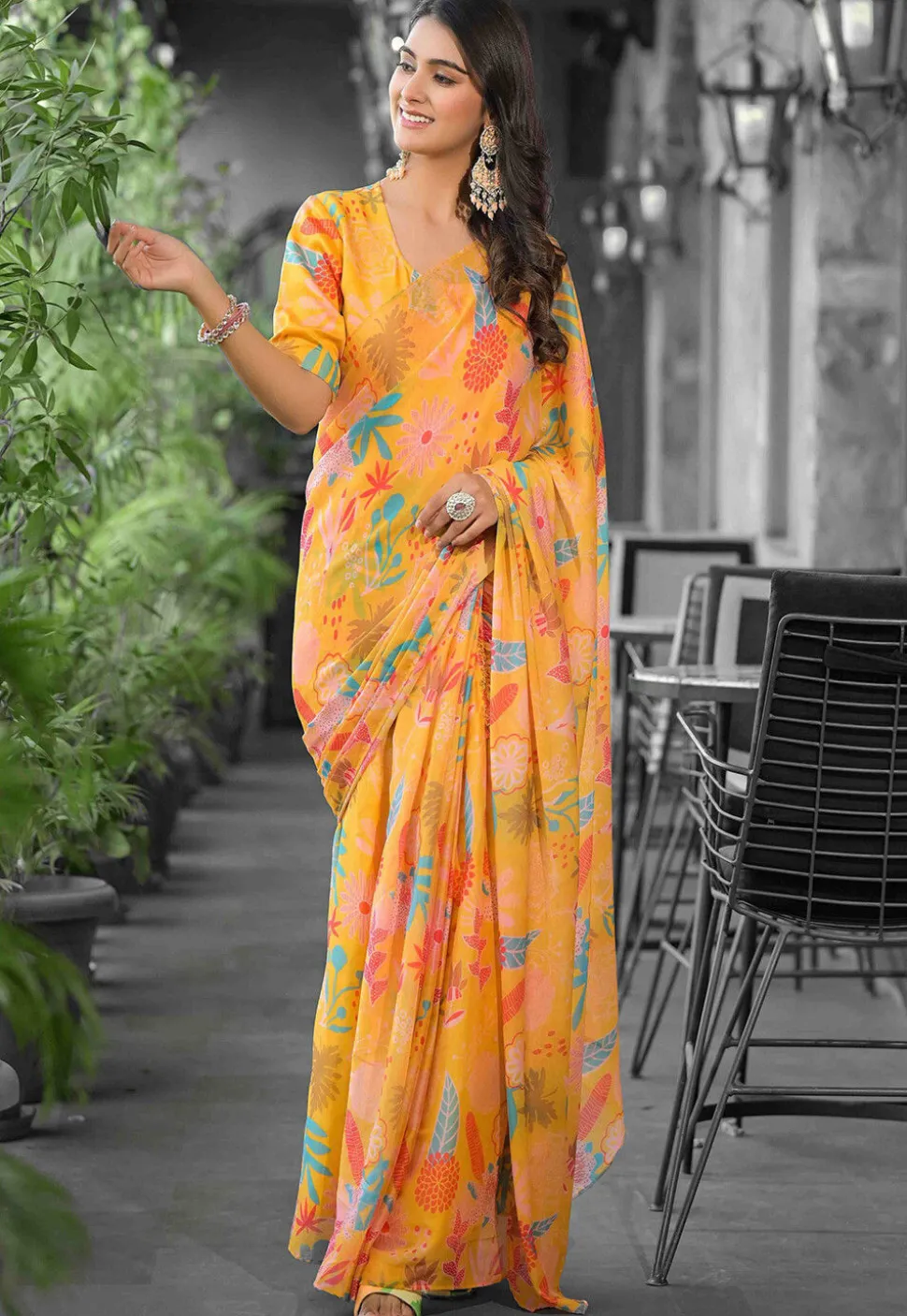Pre Stitched Georgette Saree in Orange