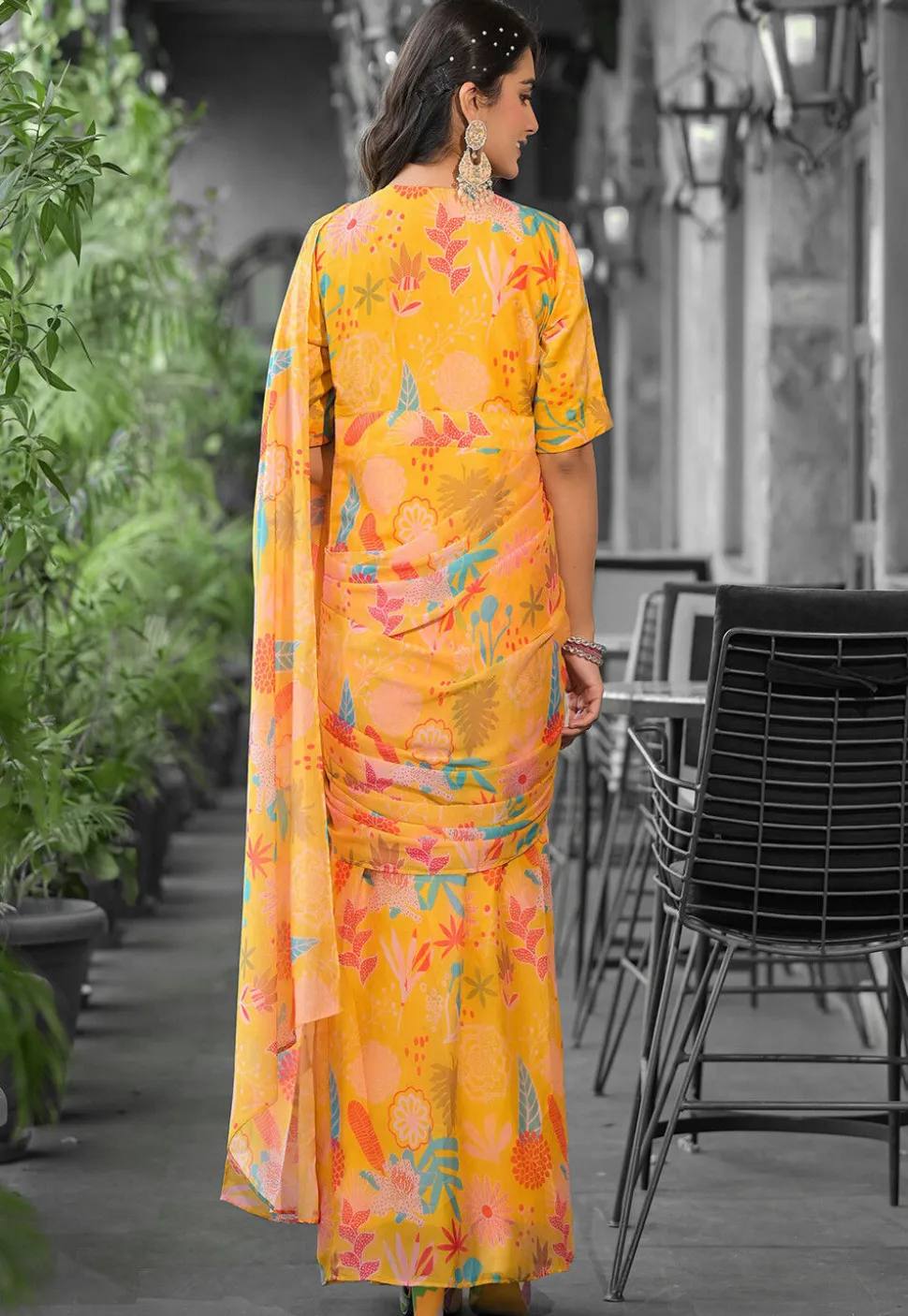 Pre Stitched Georgette Saree in Orange