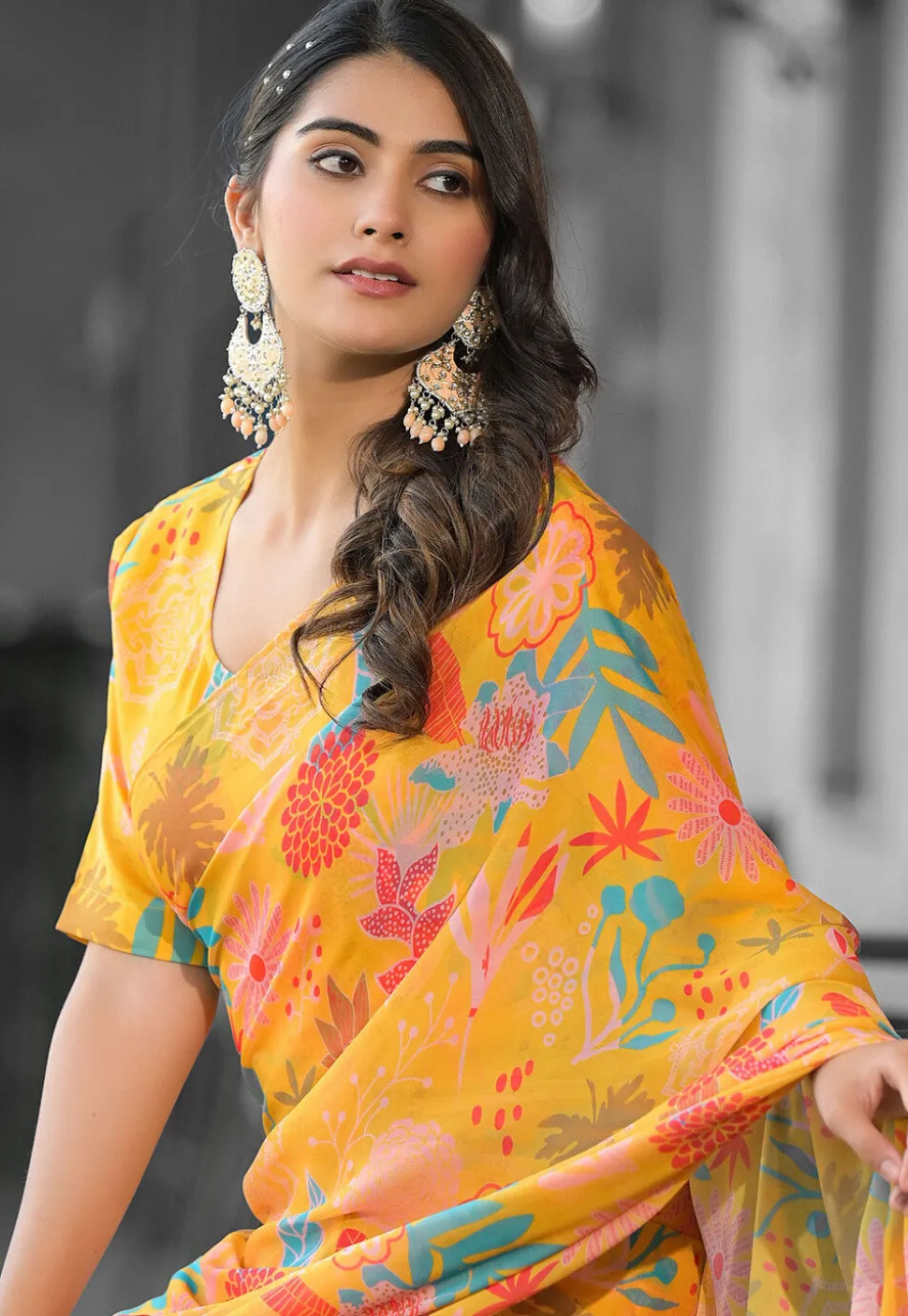 Pre Stitched Georgette Saree in Orange