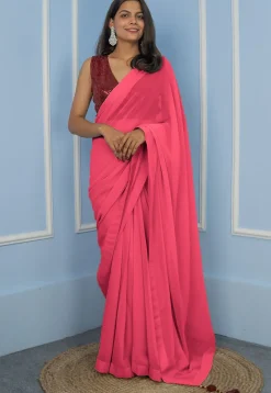Pre Stitched Georgette Saree in Coral Pink
