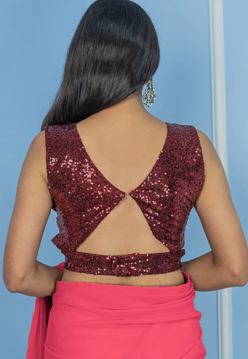 Pre Stitched Georgette Saree in Coral Pink