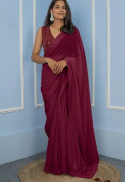 Pre Stitched Georgette Saree in Wine