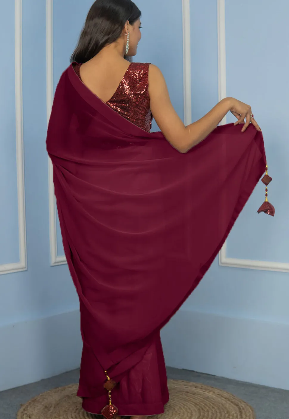 Pre Stitched Georgette Saree in Wine