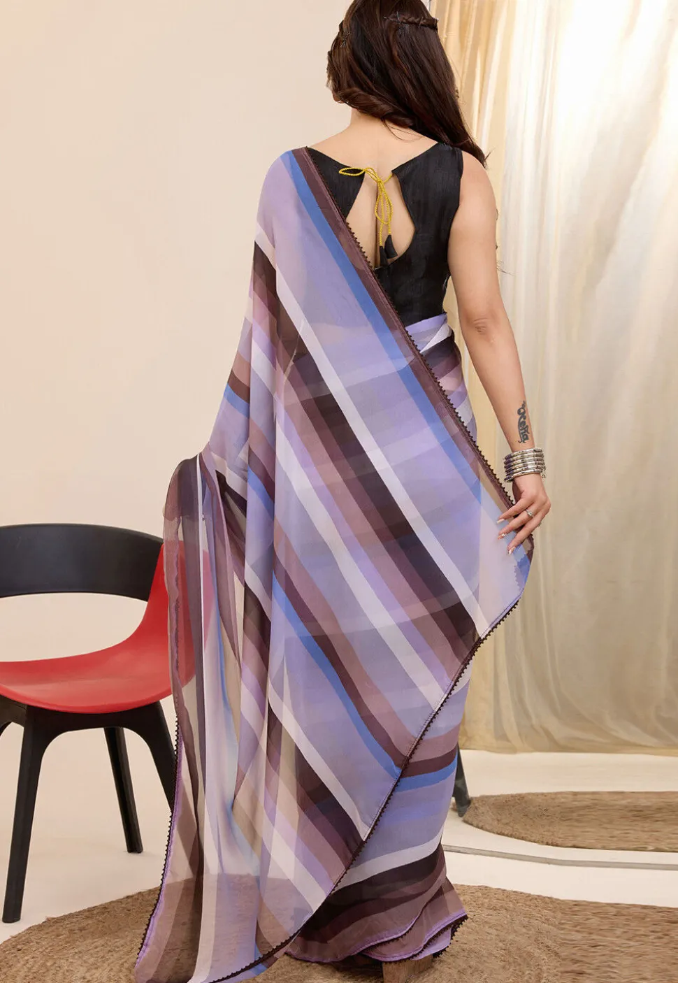 Pre Stitched Georgette Saree in Multicolor