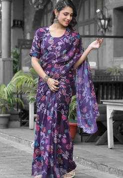 Pre Stitched Georgette Saree in Dark Purple