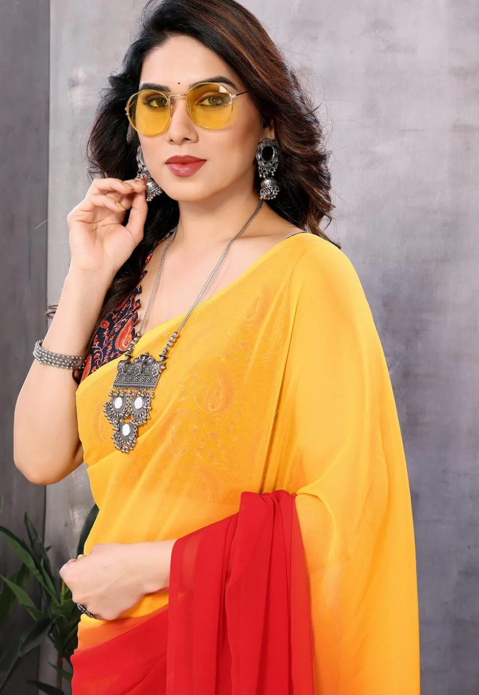 Pre Stitched Georgette Saree in Red and Yellow Shaded