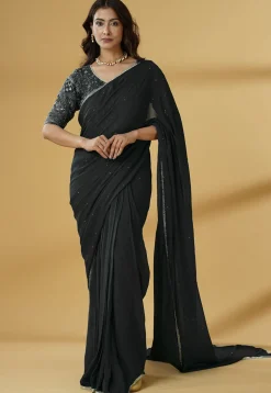 Pre Stitched Georgette Saree in Black