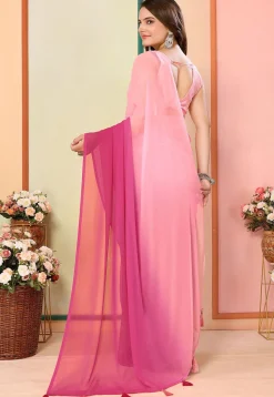 Pre Stitched Georgette Saree in Pink Ombre