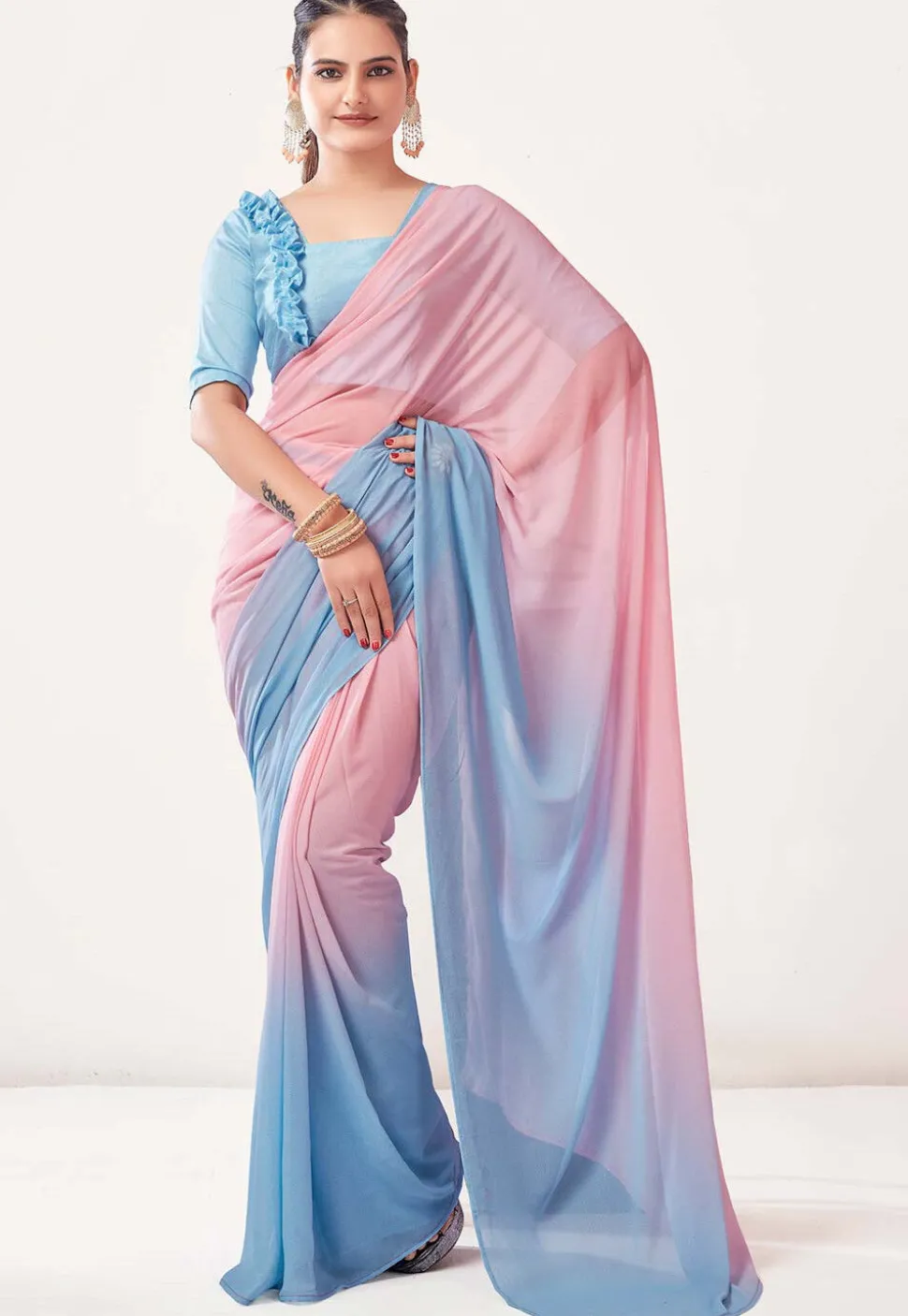 Pre Stitched Georgette Saree in Pre Stitched Sky Blue and Pink