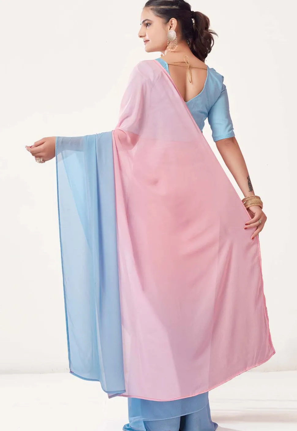 Pre Stitched Georgette Saree in Pre Stitched Sky Blue and Pink