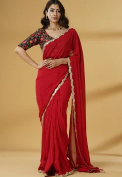 Pre Stitched Georgette Saree in Red