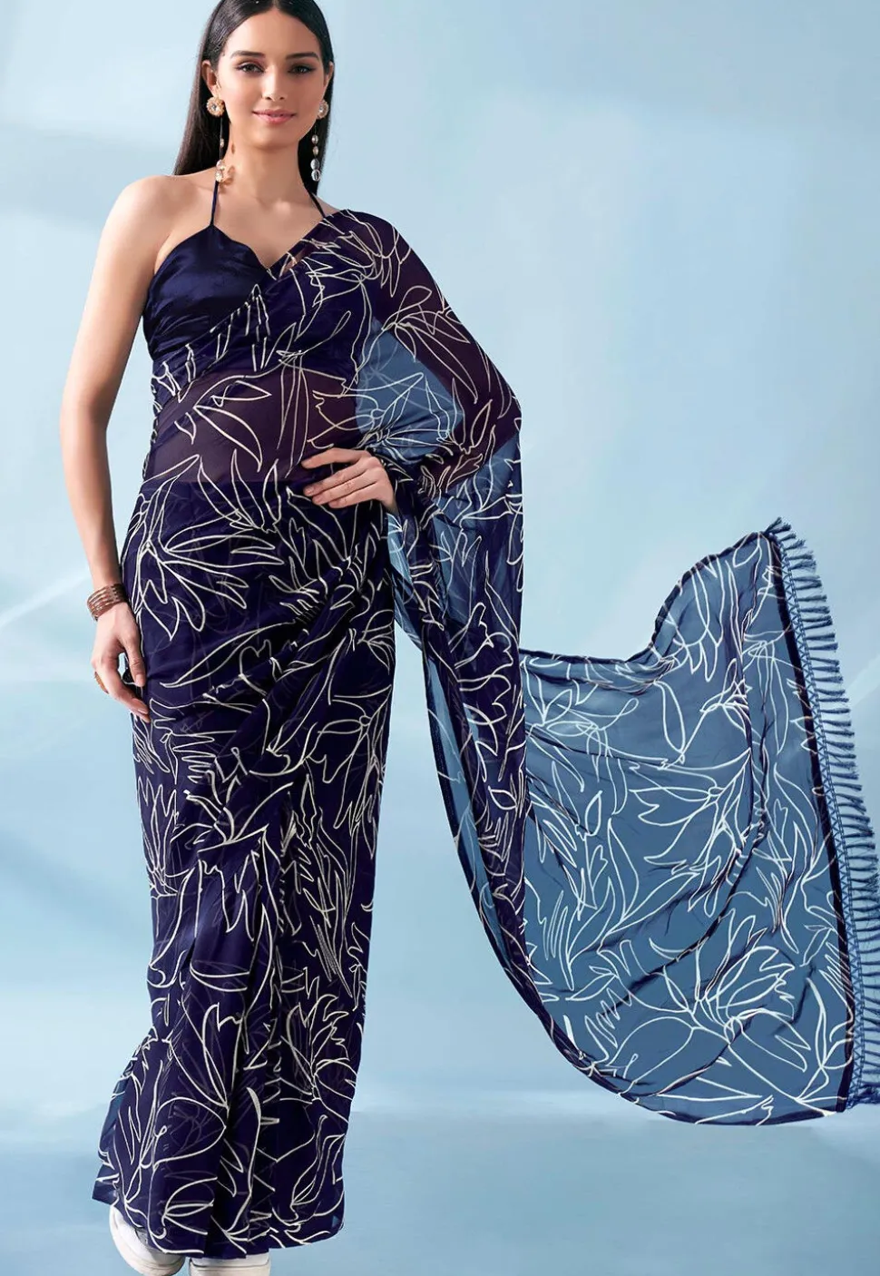 Pre Stitched Georgette Saree in Navy Blue