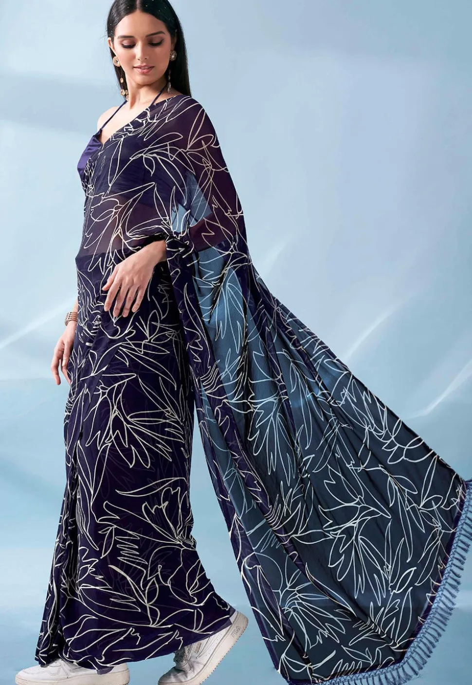 Pre Stitched Georgette Saree in Navy Blue