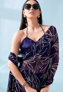 Pre Stitched Georgette Saree in Navy Blue