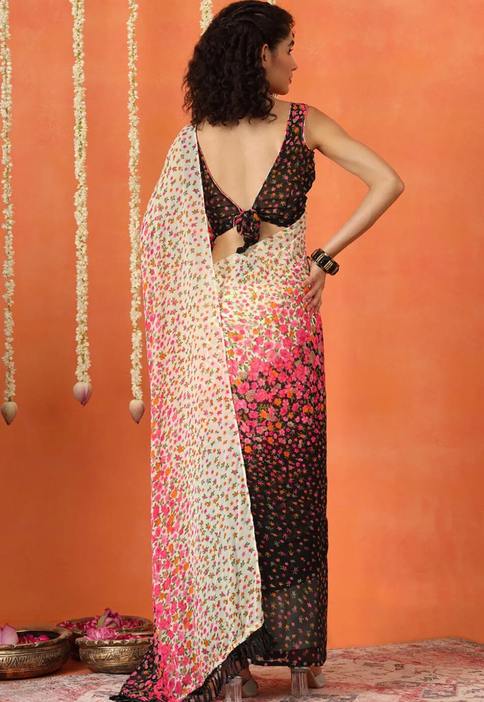 Pre Stitched Georgette Saree in Multicolor