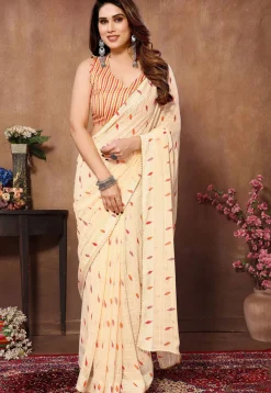 Pre Stitched Georgette Saree in Cream