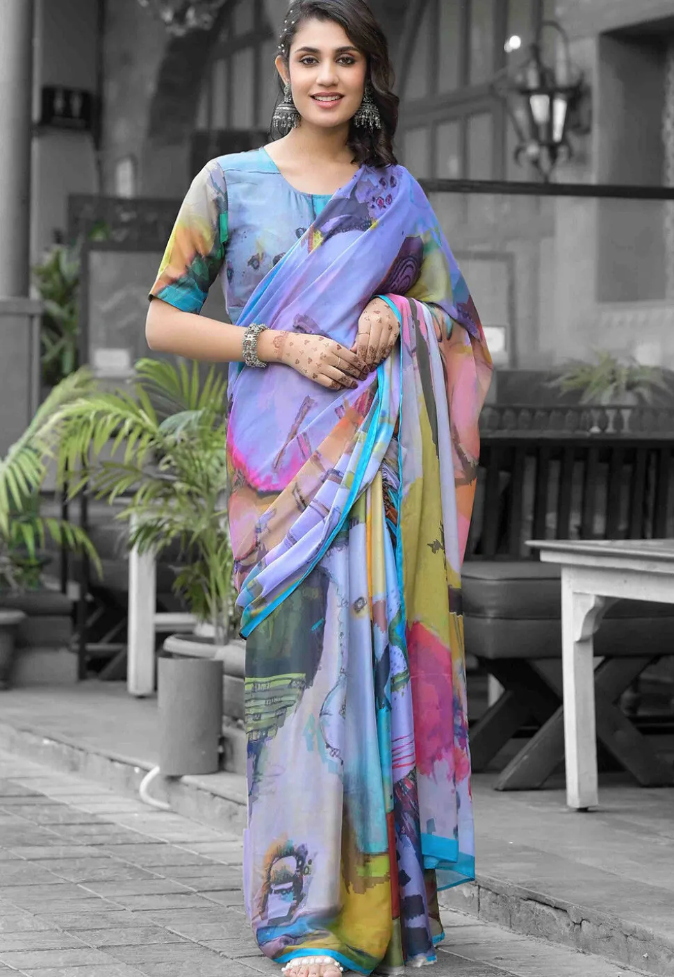 Pre Stitched Georgette Saree in Multicolor