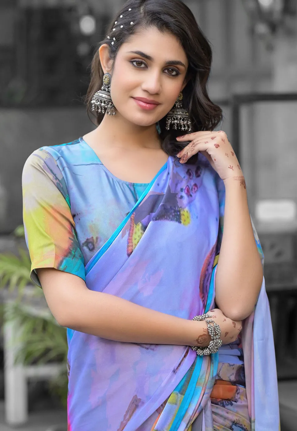 Pre Stitched Georgette Saree in Multicolor