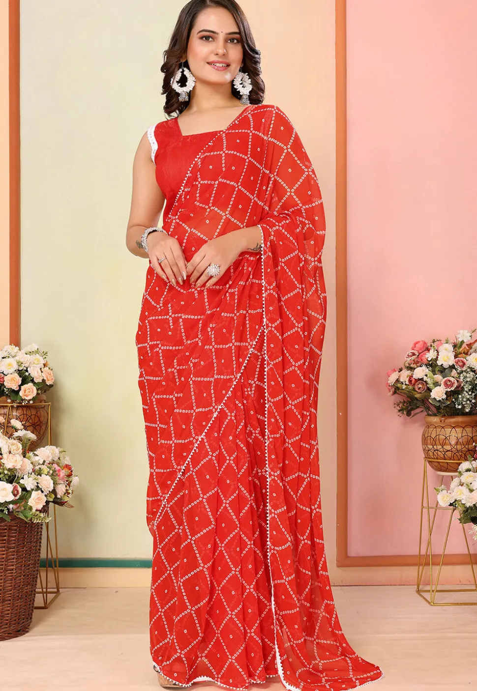 Pre Stitched Georgette Saree in Red
