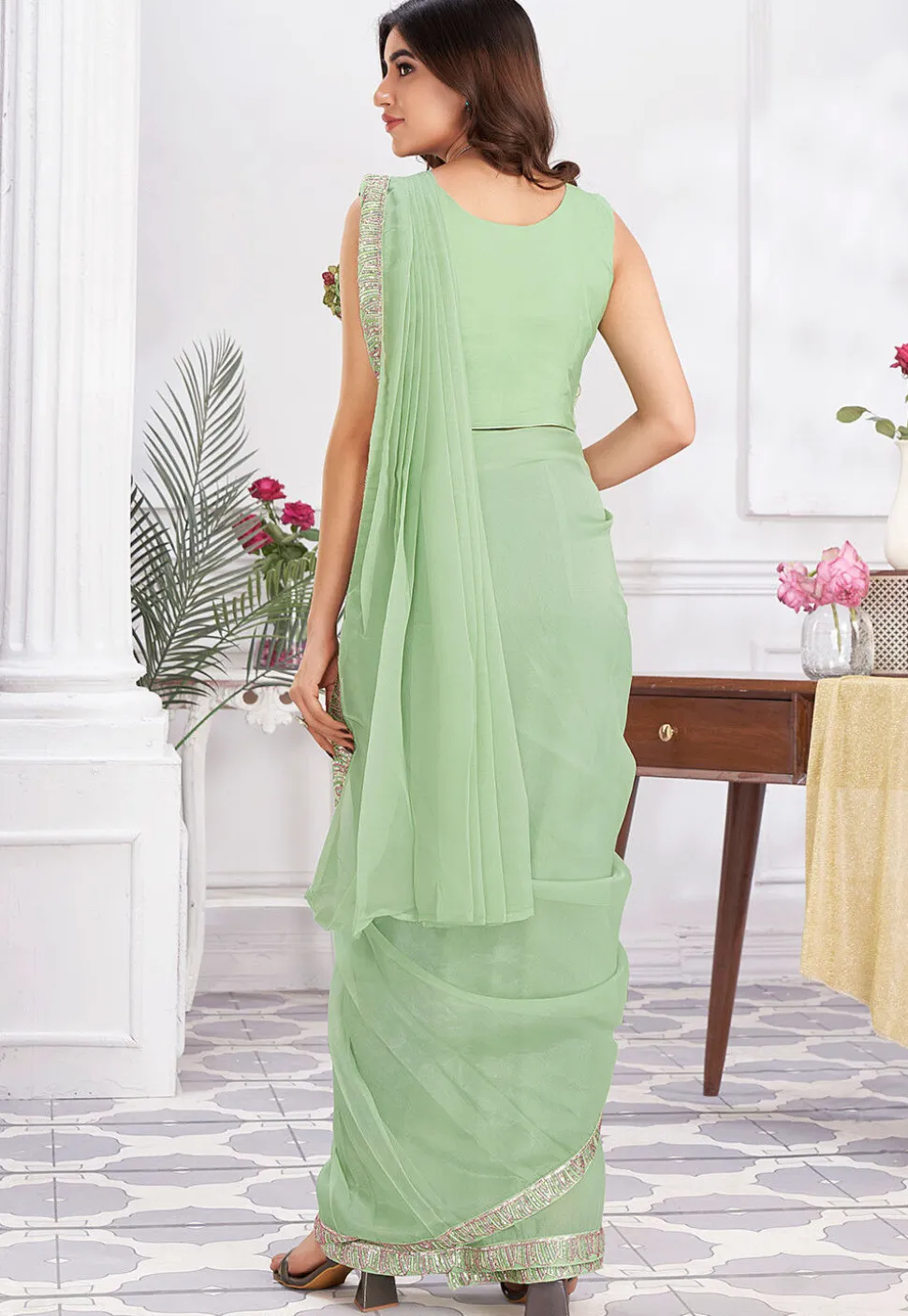 Pre Stitched Georgette Saree in Light Green