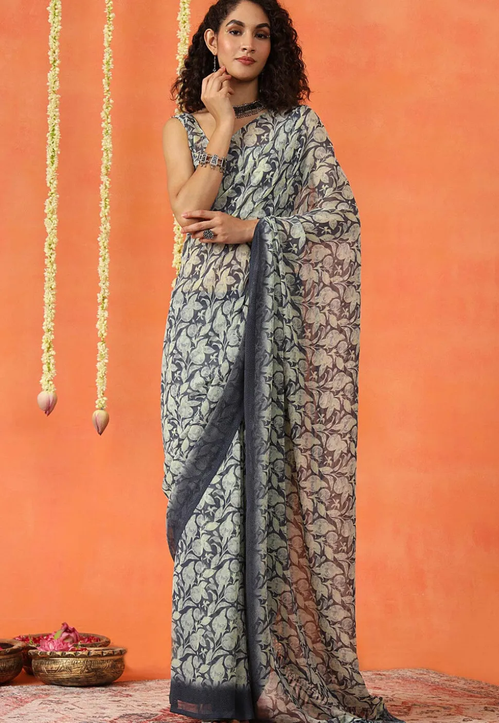 Pre Stitched Georgette Saree in Grey and Cream