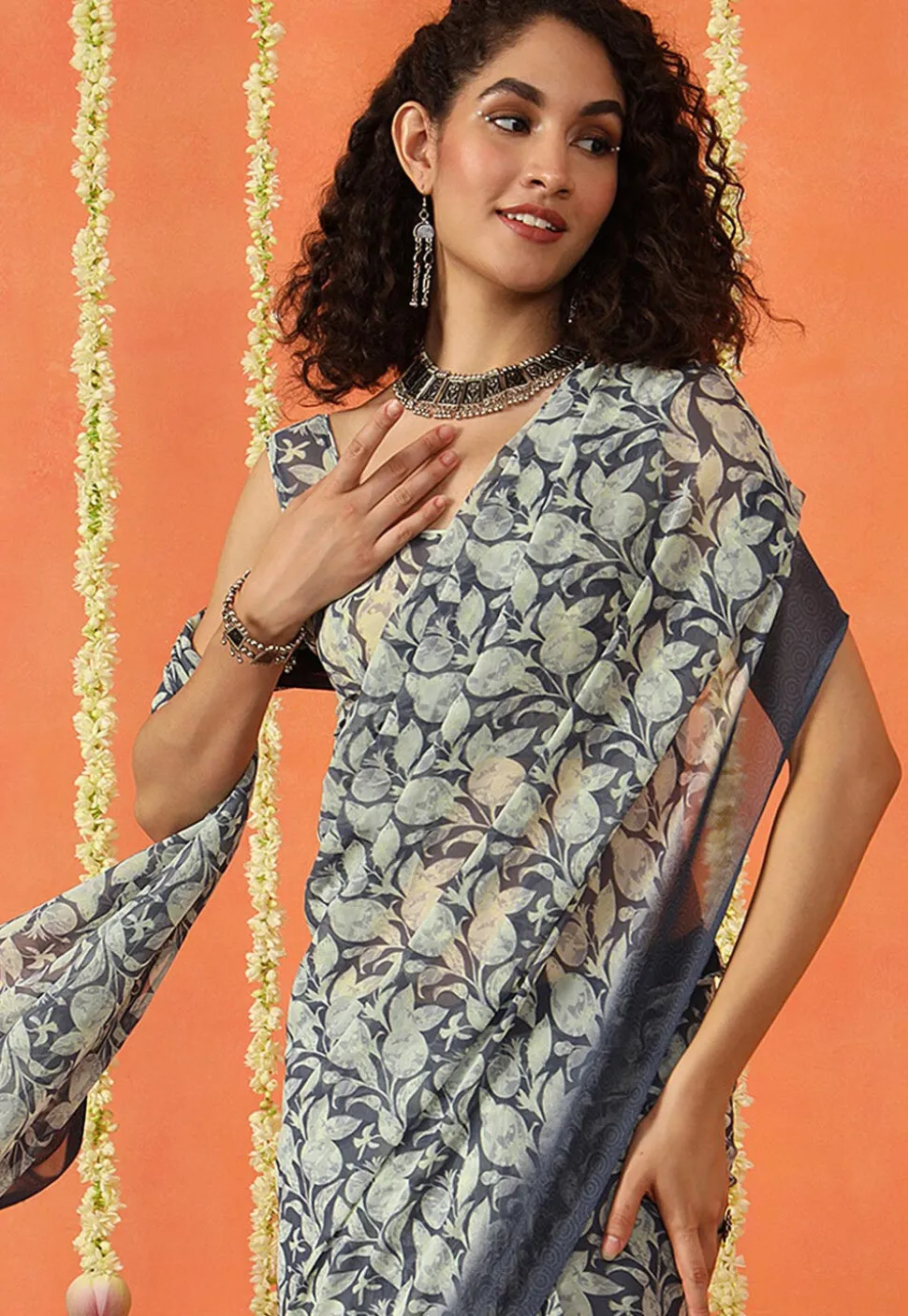 Pre Stitched Georgette Saree in Grey and Cream