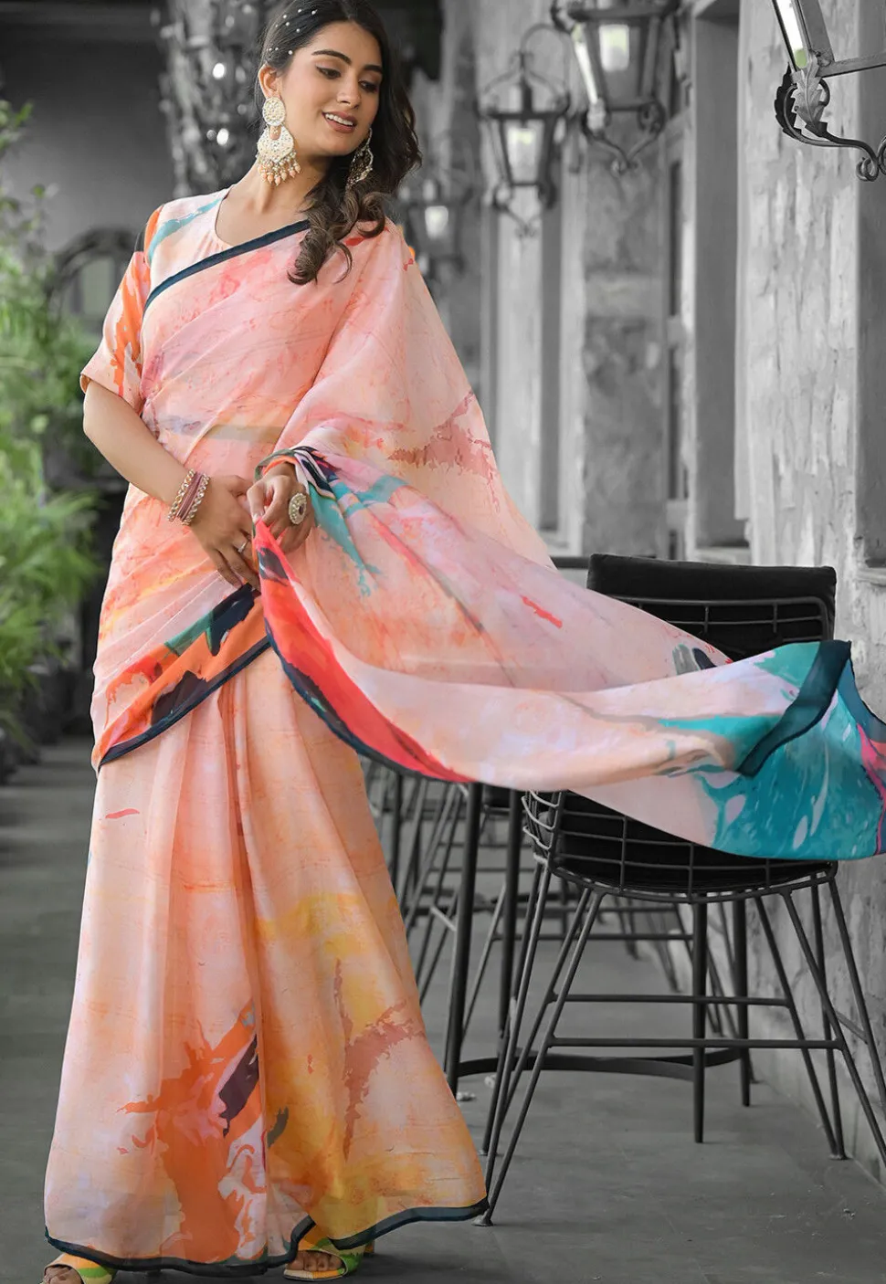 Pre Stitched Georgette Saree in Peach