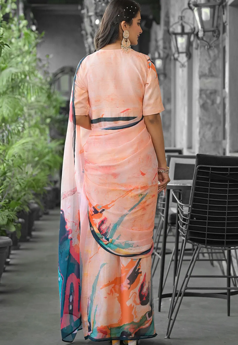 Pre Stitched Georgette Saree in Peach
