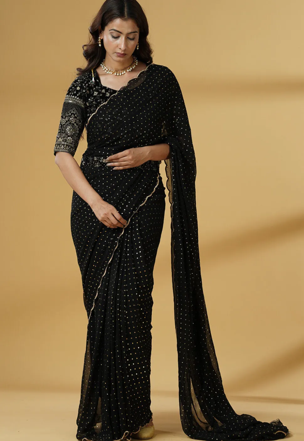 Pre Stitched Georgette Saree in Black