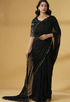 Pre Stitched Georgette Saree in Black