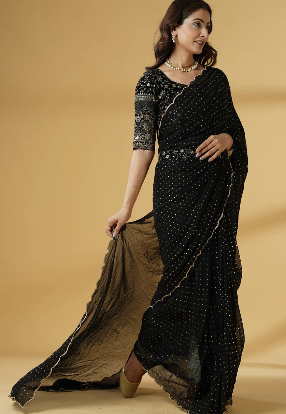 Pre Stitched Georgette Saree in Black