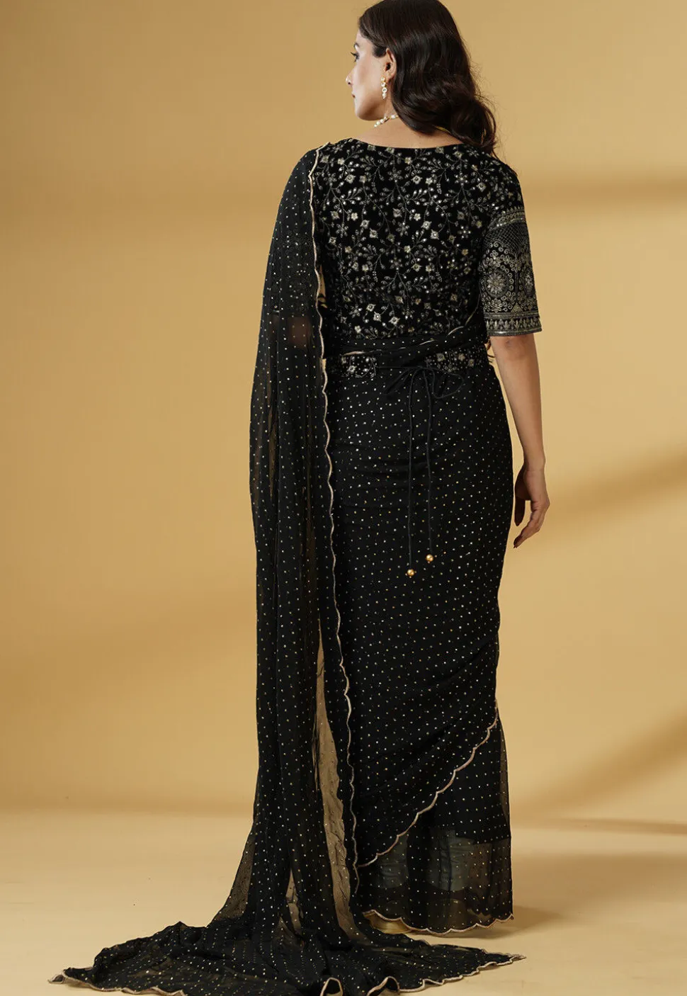 Pre Stitched Georgette Saree in Black
