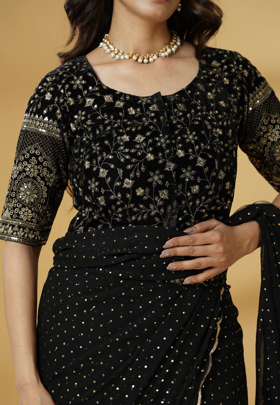 Pre Stitched Georgette Saree in Black
