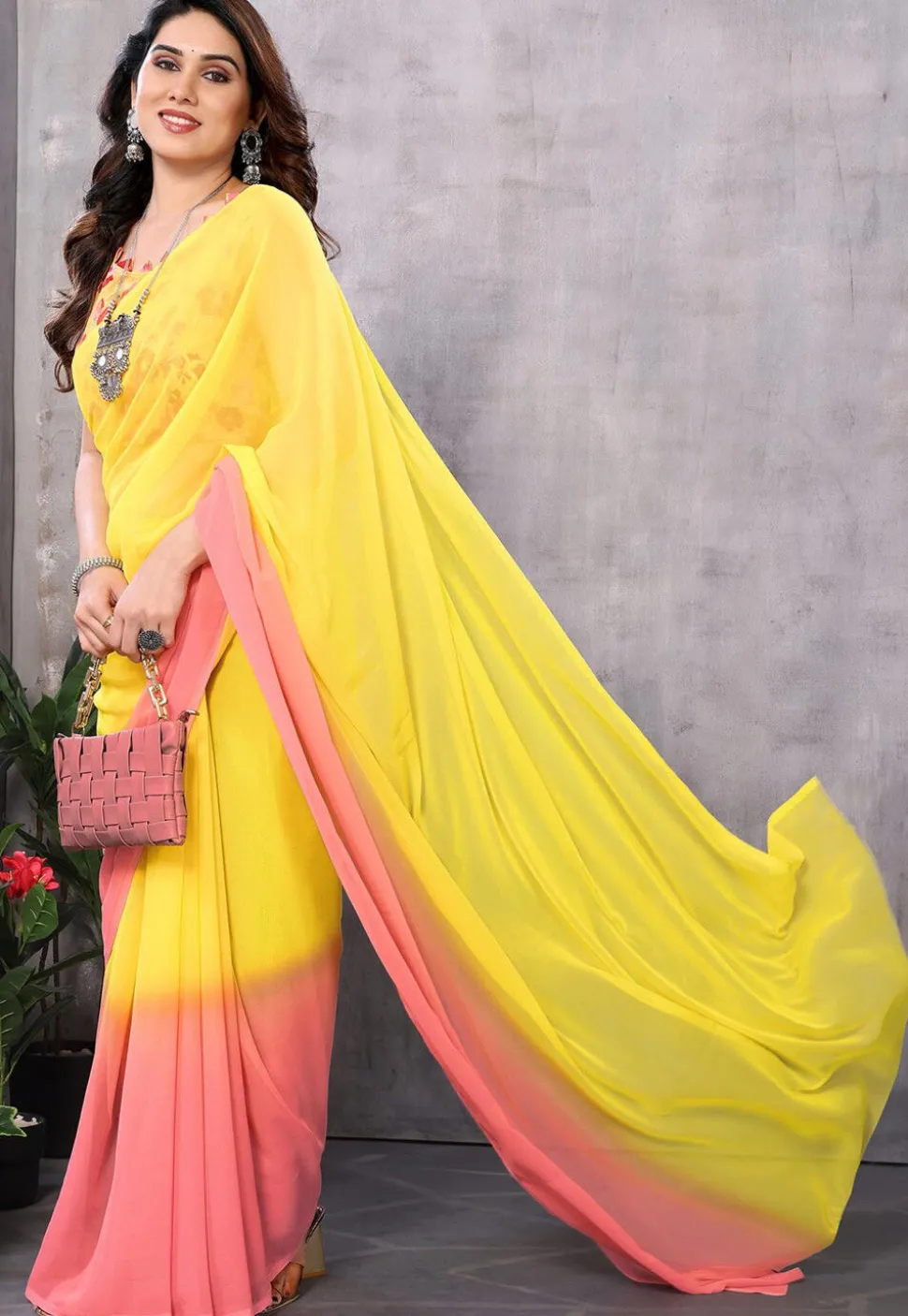 Pre Stitched Georgette Saree in Yellow and Peach Shaded