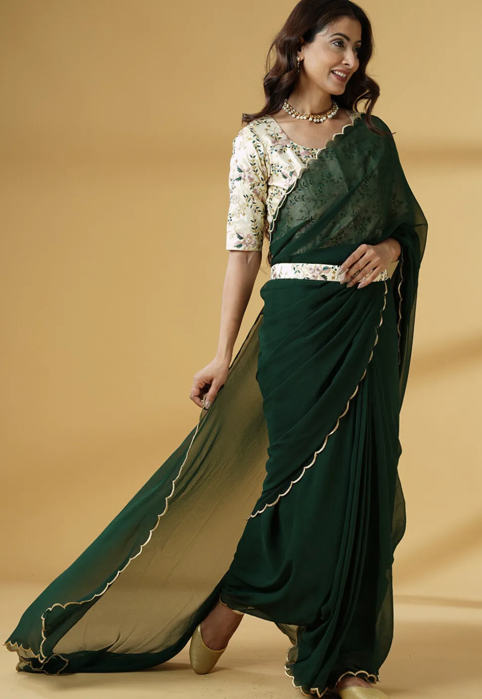 Pre Stitched Georgette Saree in Dark Green