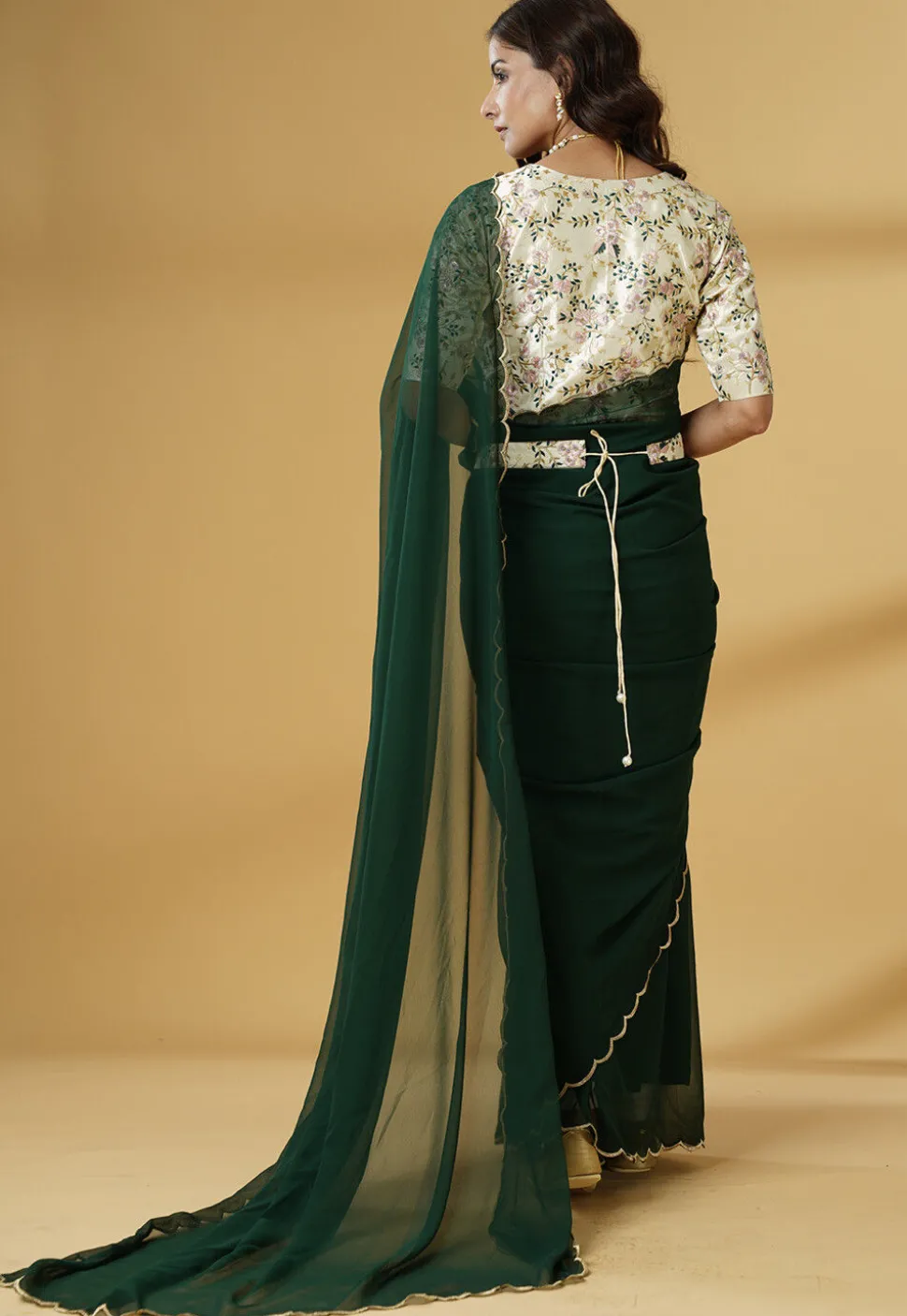 Pre Stitched Georgette Saree in Dark Green
