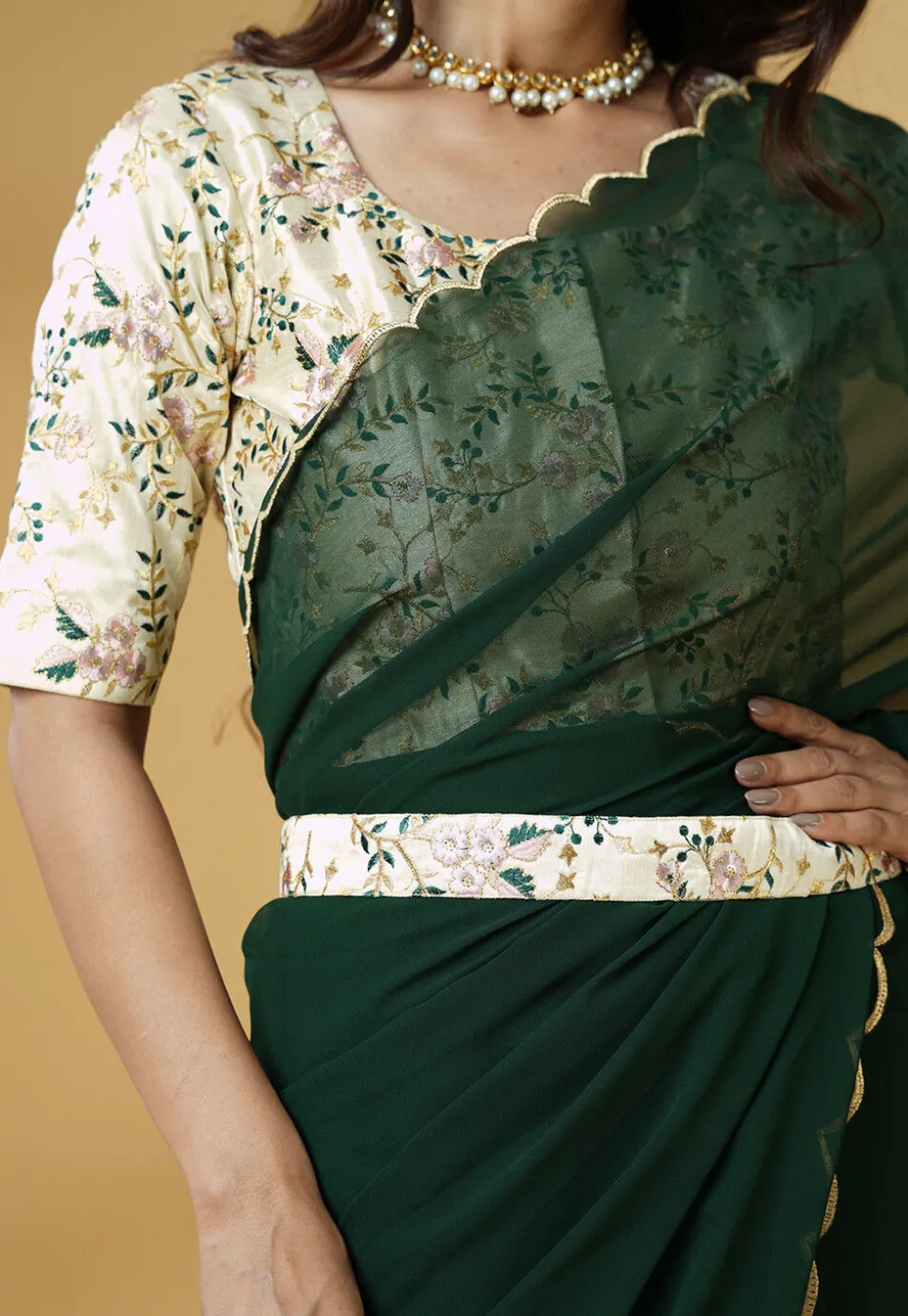Pre Stitched Georgette Saree in Dark Green
