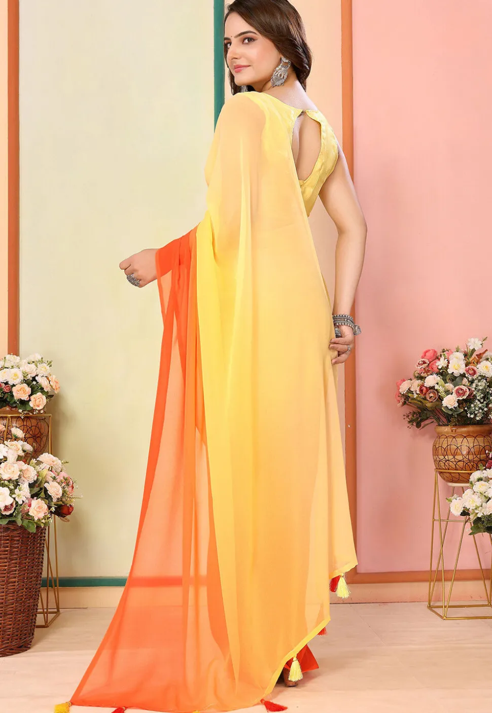 Pre Stitched Georgette Saree in Shaded Yellow and Orange