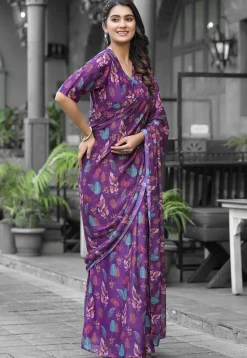 Pre Stitched Georgette Saree in Purple