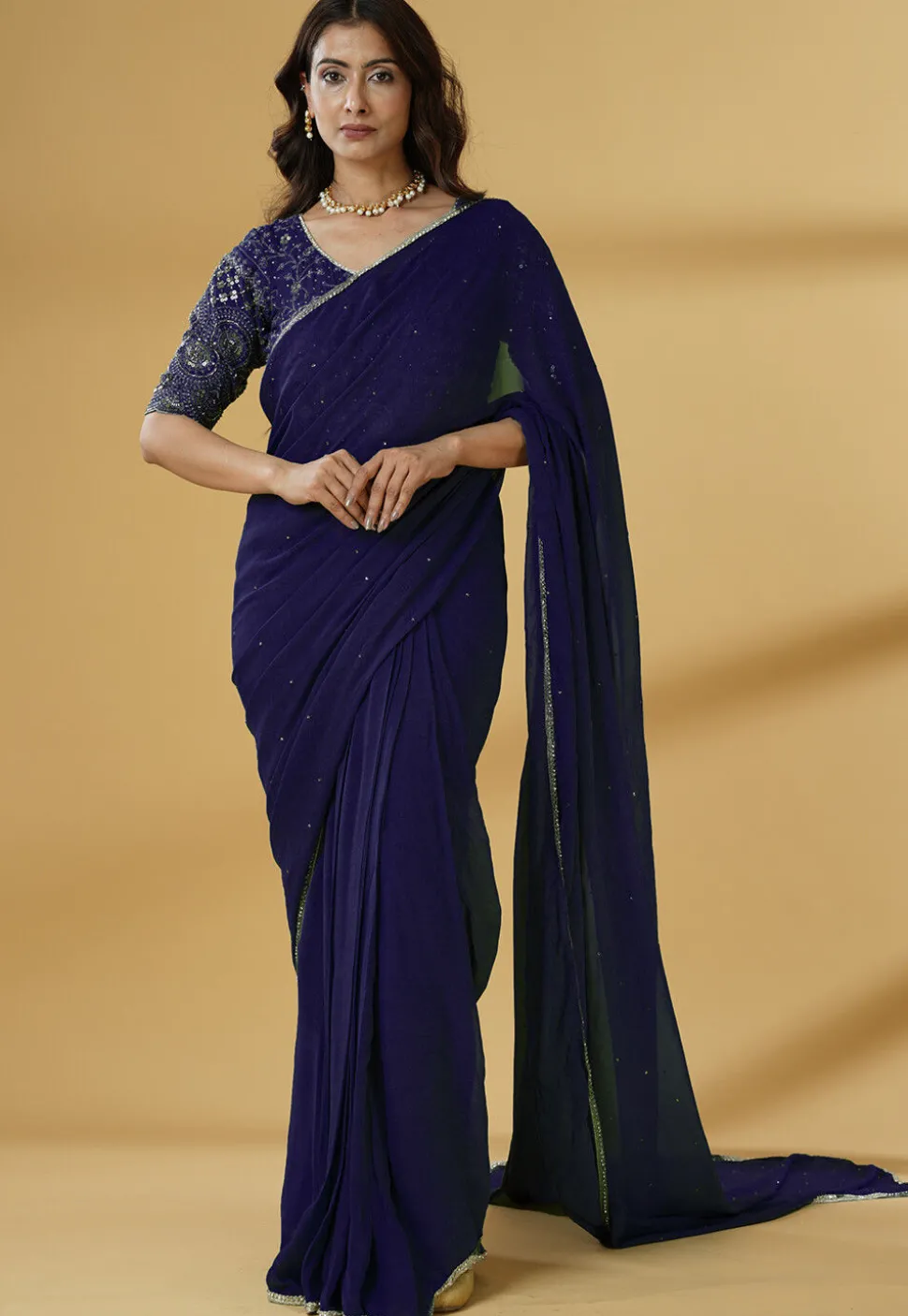 Pre Stitched Georgette Saree in Navy Blue