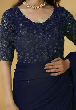 Pre Stitched Georgette Saree in Navy Blue