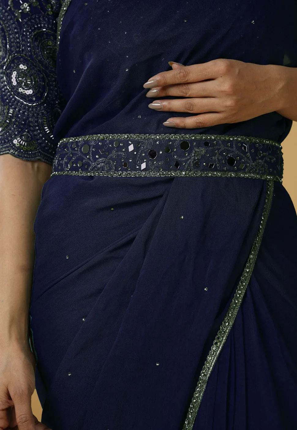 Pre Stitched Georgette Saree in Navy Blue