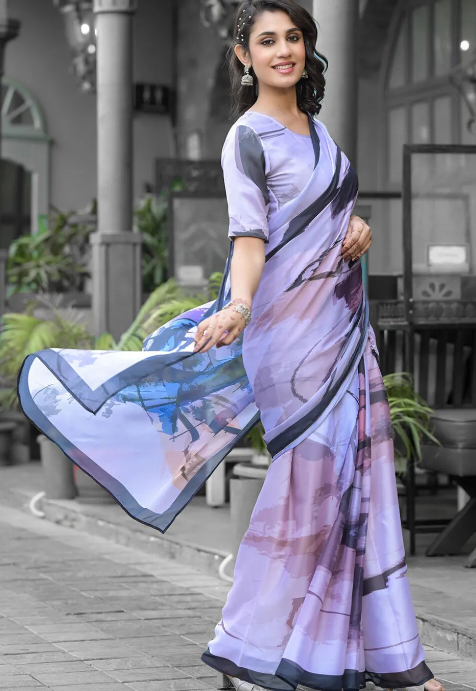Pre Stitched Georgette Saree in Light Purple